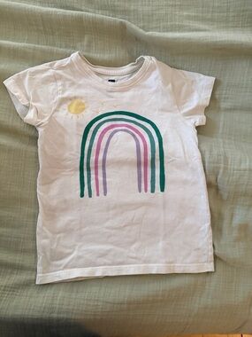 Tea Collection White Tee with Teal, Purple, Pink & Yellow Rainbow Graphic